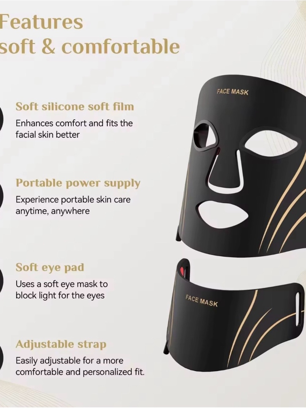 LED Light Therapy Face & Neck Mask - Black with Gold Accents New in Box - Picture 6 of 6
